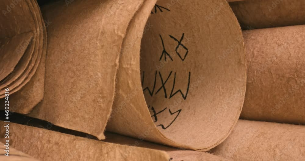 Poster ancient scribe library. scrolls with futhpak symbols stacked on pile.