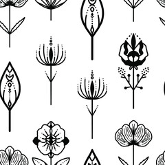 Scandinavian flower seamless pattern. Ornament wildflower elements. Scandinavian wilde botanical pattern. Magical nature.