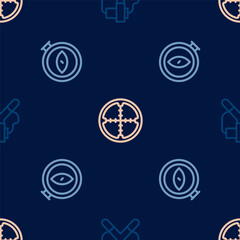 Set line Slingshot, Compass and Sniper optical sight on seamless pattern. Vector