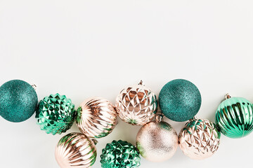 beautiful New Year's decorative ornaments on a white background. view from above, copy space