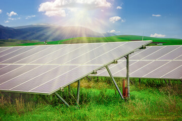 Energy storage system. Photovoltaics solar panels in power station, alternative energy from the sun...