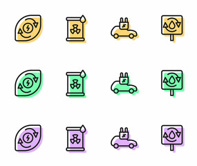 Set line Electric car, Water energy, Radioactive waste in barrel and Recycle clean aqua icon. Vector