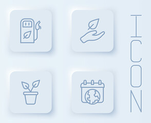 Set line Petrol or gas station, Leaf in hand, Plant pot and World Earth day. White square button. Vector