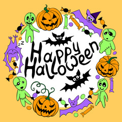 Happy Halloween-lettering in round frame of holiday design characters, icons. Festive border, title for guising, greeting card, invitation, party poster