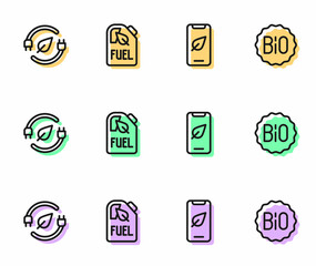 Set line Mobile phone with leaf, Electric saving plug in, Bio fuel canister and Banner for bio icon. Vector