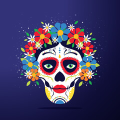 Sugar skull with colorful flowers used in traditional Mexican Dia de los Muertos celebration. Flat design style. 