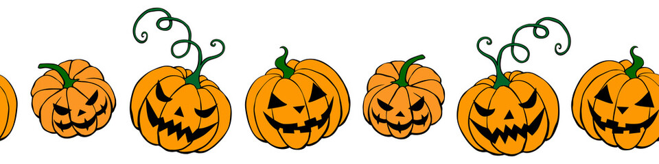 Edging, ribbon, border of simple scary spooky smiling pumpkins, Jack lantern. Vector seamless pattern, divider, ornament, decoration for Halloween in doodle flat style, isolated