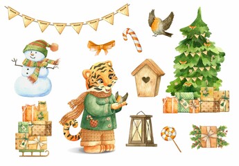 Tiger Christmas watercolor collection isolated set clipart snowman sleigh birdhouse lamp fir tree gifts garland