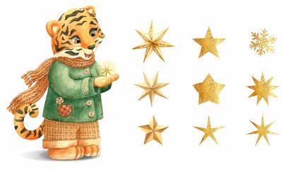 Tiger Christmas watercolor collection isolated set clipart 