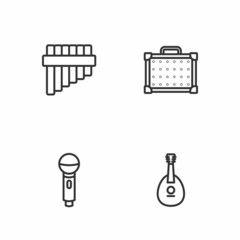 Set line Mandolin, Microphone, Pan flute and Guitar amplifier icon. Vector