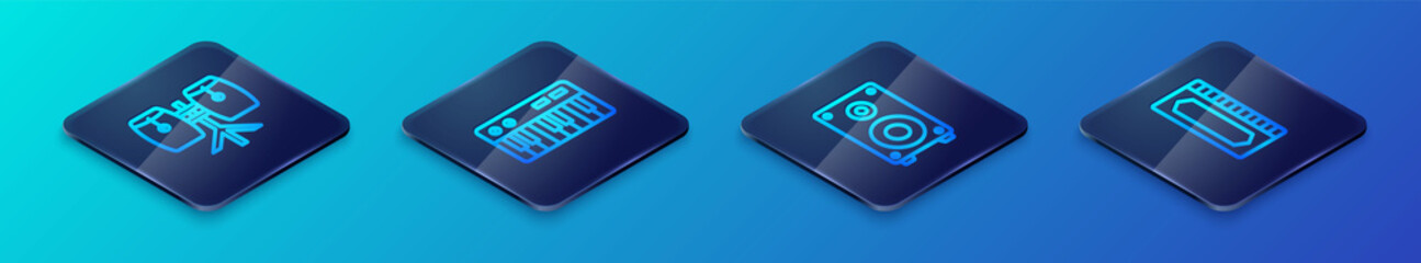 Set Isometric line Stereo speaker, Conga drums, Harmonica and Music synthesizer icon. Vector