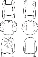 a set of fashion production sketches for the latest season, ladies' casual wear,  woven and knitted top, puffy sleeves shows a feminine feel, long and short sleeves, pleated, front and back view.