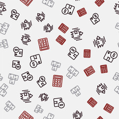 Set line Carton cardboard box, and Calculator on seamless pattern. Vector