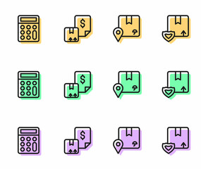 Set line Location with cardboard box, Calculator, Waybill and Delivery security shield icon. Vector