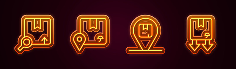 Set line Search package, Location with cardboard box, and Cardboard traffic symbol. Glowing neon icon. Vector