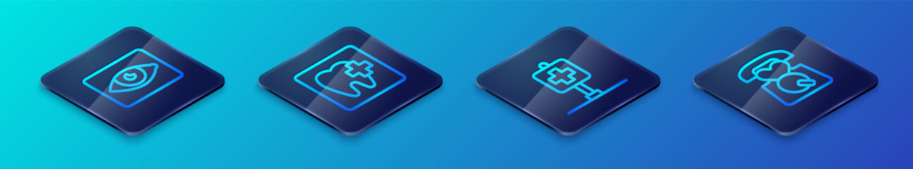 Set Isometric line Location hospital, Red eye effect, Emergency call 911 and Dental clinic location icon. Vector