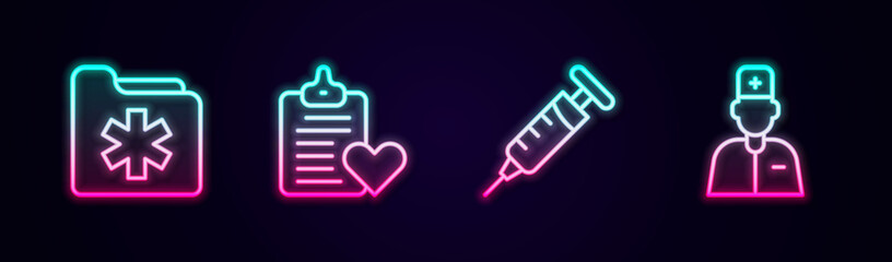 Obraz premium Set line Medical health record folder, Patient, Syringe and Male doctor. Glowing neon icon. Vector