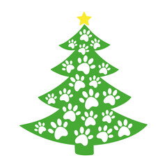 Christmas tree with paw prints  of dogs and cats. Merry  Christmas. Paws prints dog. Love dogs. Vector illustration. Isolated on white background.