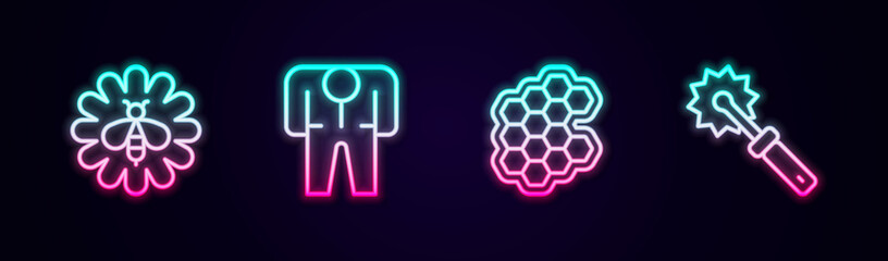 Set line Bee on flower, Beekeeper costume, Honeycomb and Cutter roll for honey. Glowing neon icon. Vector