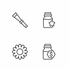 Set line Sale in jar of honey, Flower, Beekeeping knife and Jar icon. Vector