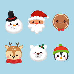 Cute Christmas characters head collection. Flat vector cartoon design