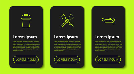 Set line Fishing bucket, Crossed oars or paddles boat and Inflatable with motor. Business infographic template. Vector