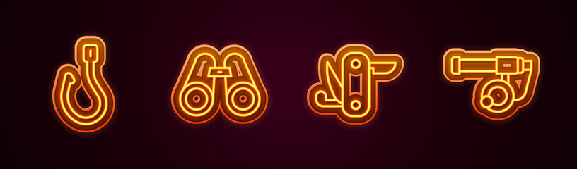 Set line Fishing hook, Binoculars, Swiss army knife and rod. Glowing neon icon. Vector