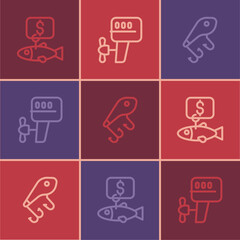 Set line Price tag for fish, Fishing lure and Outboard boat motor icon. Vector