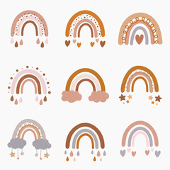 Vector collection for nursery decoration with cute rainbows in pastel colors. Perfect for baby shower, birthday, children's party, summer holiday, clothing prints.