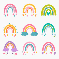 Vector collection for nursery decoration with cute rainbows. Perfect for baby shower, birthday, children's party, summer holiday, clothing prints.