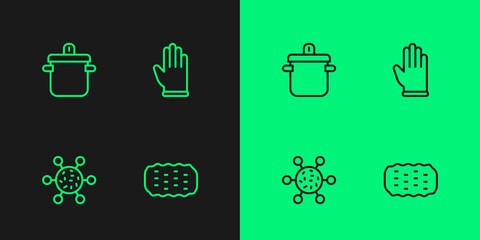 Set line Sponge, Bacteria, Cooking pot and Rubber gloves icon. Vector