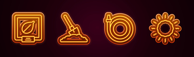 Set line Seeds of specific plant, Shovel in the ground, Garden hose and Sun. Glowing neon icon. Vector