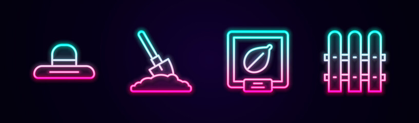 Set line Farmer worker hat, Shovel in the ground, Seeds of specific plant and Garden fence wooden. Glowing neon icon. Vector