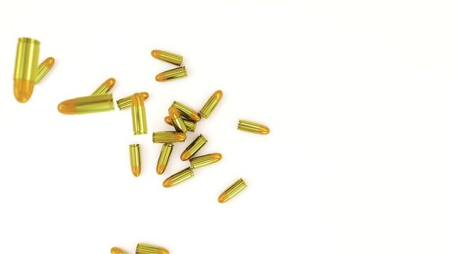 Metal sleeves from a cartridge fall in a pile on a white background 3d animation