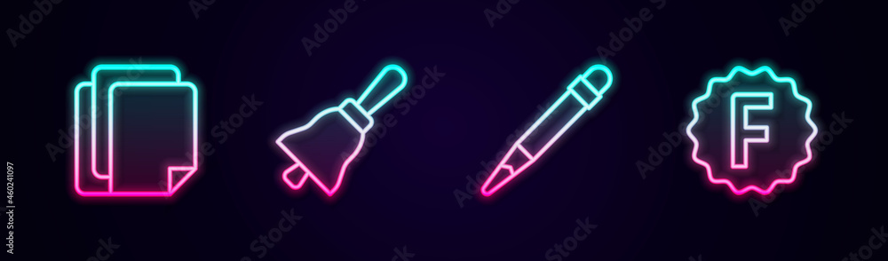 Poster set line file document, ringing bell, pencil with eraser and exam paper incorrect answers. glowing n