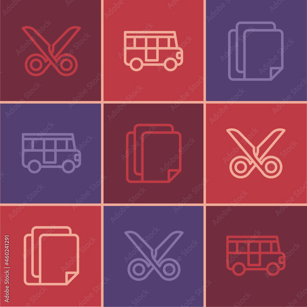 Poster set line scissors, file document and school bus icon. vector