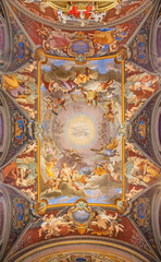 Fototapeta na wymiar ROME, ITALY - AUGUST 28, 2021: The ceiling fresco Ealtation of holy crossin the church San Girolamo dei Croati by Pietro Gagliardi (1847-1852).