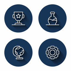 Set line Award cup, Test tube, Earth globe and Gear with long shadow. Blue circle button. Vector