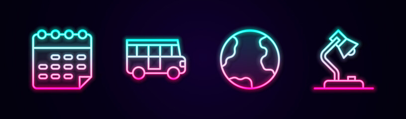 Set line School timetable, Bus, Earth globe and Table lamp. Glowing neon icon. Vector