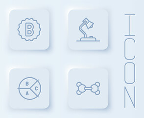 Set line Exam paper with incorrect answers, Table lamp, Pie chart infographic and Molecule. White square button. Vector