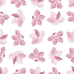 Pink cherry blossoms on a white background. Seamless pattern for textiles and paper. Vector