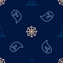 Set line Witch hat, Ghost and Spider web on seamless pattern. Vector