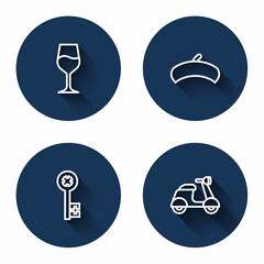 Set line Wine glass, French beret, Old key and Scooter with long shadow. Blue circle button. Vector
