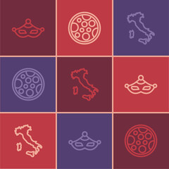 Set line Carnival mask, Map of Italy and Pizza icon. Vector