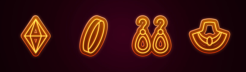 Set line Gem stone, Wedding ring, Earrings and Necklace mannequin. Glowing neon icon. Vector