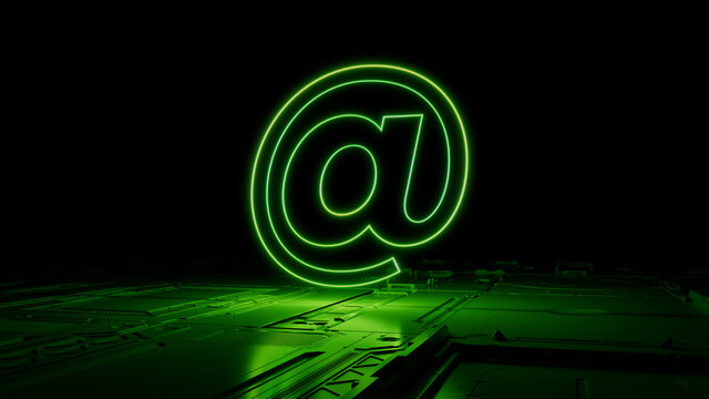 Green Email Technology Concept with @ symbol as a neon light. Vibrant colored icon, on a black background with high tech floor. 3D Render
