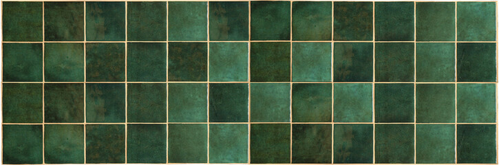 Green ceramic tile background. Old vintage ceramic tiles in green to decorate the kitchen or bathroom  - obrazy, fototapety, plakaty