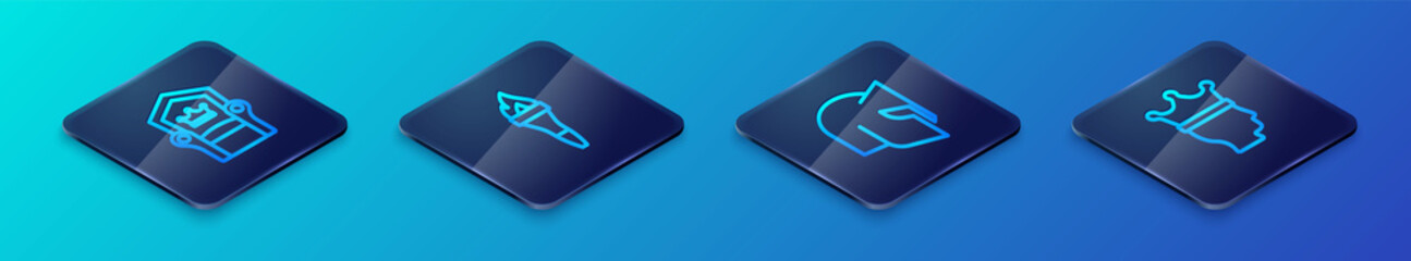 Set Isometric line Medieval helmet, throne, King crown and Torch flame icon. Vector