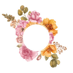 Watercolor fall frame with pretty flowers and leaves, hand draw illustration