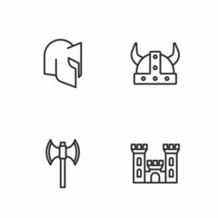 Set line Castle, Medieval poleaxe, helmet and Viking in horned icon. Vector